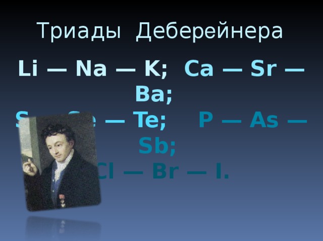 Триады Дебе ре йнера Li — Na — K; Ca — Sr — Ba; S — Se — Te; P — As — Sb; Cl — Br — I.