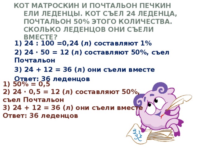 Кот Матроскин и почтальон Печкин ели леденцы. Кот съел 24 леденца, почтальон 50% этого количества. Сколько леденцов они съели вместе? 1) 24 : 100 =0,24 (л) составляют 1% 2) 24 ∙ 50 = 12 (л) составляют 50%, съел Почтальон 3) 24 + 12 = 36 (л) они съели вместе Ответ: 36 леденцов 1) 50% = 0,5 2) 24 ∙ 0,5 = 12 (л) составляют 50%, съел Почтальон 3) 24 + 12 = 36 (л) они съели вместе Ответ: 36 леденцов