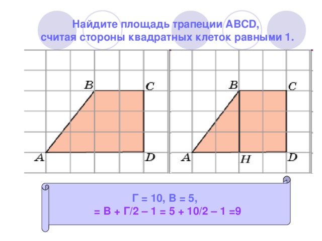 Найдите площадь трапеции ABCD,  считая стороны квадратных клеток равными 1.  Г = 10, В = 5,  = В + Г/2 – 1 = 5 + 10/2 – 1 =9
