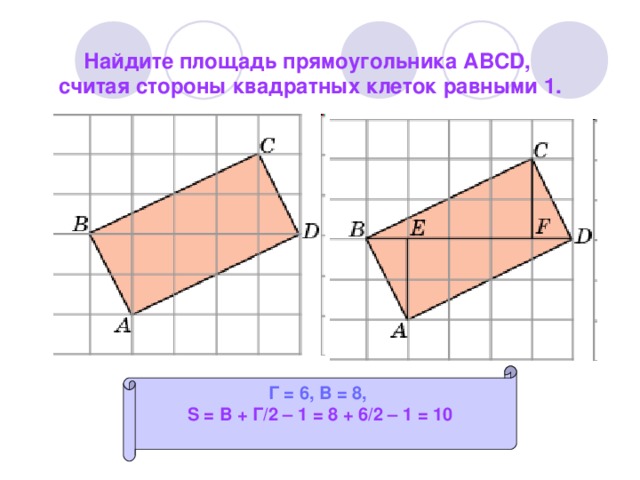 Найдите площадь прямоугольника ABCD, считая стороны квадратных клеток равными 1. Г = 6, В = 8, S = В + Г/2 – 1 = 8 + 6/2 – 1 = 10