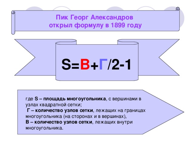 Пик Георг Александров открыл формулу в 1899 году  S = B + Г /2-1  S – площадь многоугольника , Г – количество узлов сетки В – количество узлов сетки