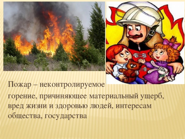 Пожар – неконтролируемое горение, причиняющее материальный ущерб, вред жизни и здоровью людей, интересам общества, государства