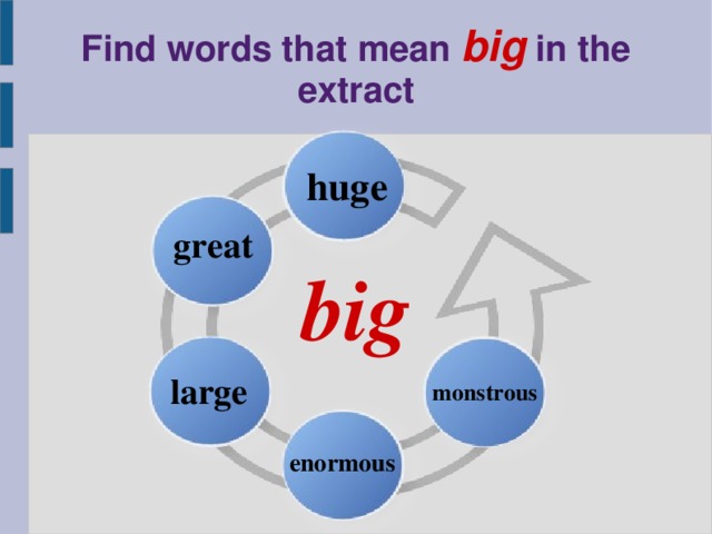 Find words that mean big in the extract huge great big large monstrous enormous