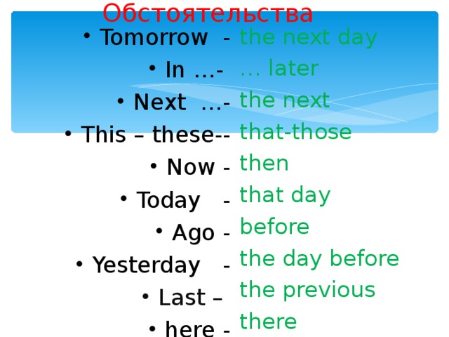 Обстоятельства Tomorrow - In …- Next …- This – these-- Now - Today - Ago - Yesterday - the next day … later the next that-those then that day before the day before the previous there