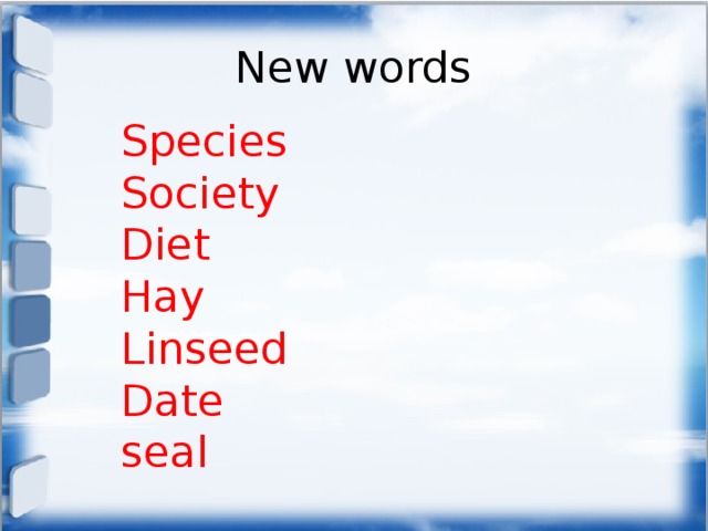 New words Species Society Diet Hay Linseed Date seal