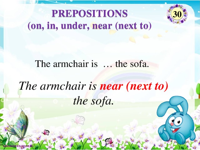 PREPOSITIONS (on, in, under, near (next to)  30 The armchair is … the sofa. The armchair is near (next to) the sofa.