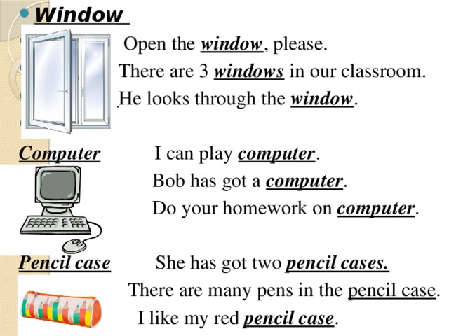 Window   Open the window , please.  There are 3 windows in our classroom.  He looks through the window . Computer I can play computer .  Bob has got a computer .  Do your homework on computer . Pencil case She has got two pencil cases.  There are many pens in the pencil case .  I like my red pencil case