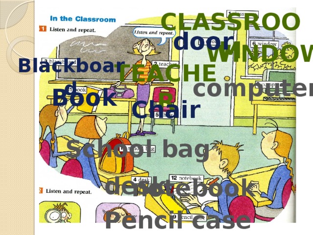 classroom door window Blackboard teacher computer Book Chair School bag desk notebook Pencil case