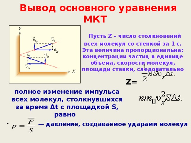 Вывод основного уравнения МКТ   Пусть Z – число столкновений всех молекул со стенкой за 1 с. Эта величина пропорциональна: концентрации частиц в единице объема, скорости молекул, площади стенки, следовательно  Z=   полное изменение импульса всех молекул, столкнувшихся за время Δt с площадкой S, равно   —  давление, создаваемое ударами молекул