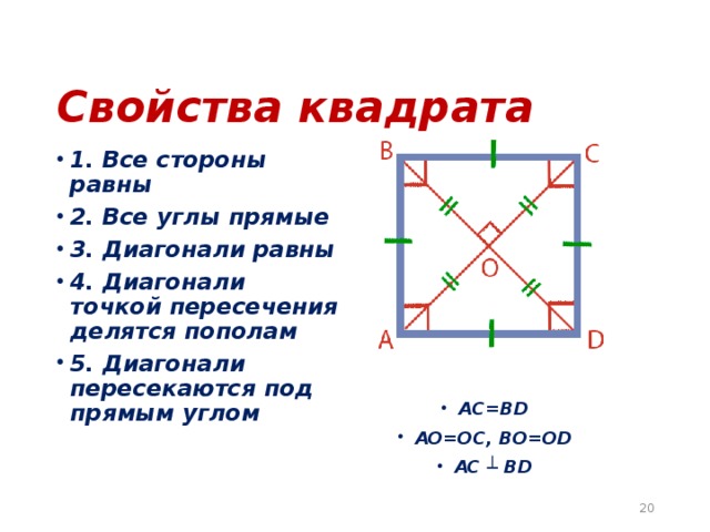 Свойства квадрата 1. Все стороны равны 2. Все углы прямые 3. Диагонали равны 4. Диагонали точкой пересечения делятся пополам 5. Диагонали пересекаются под прямым углом AC=BD AO=OC, BO=OD AC ┴ BD