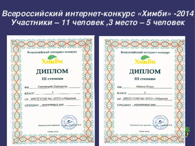 Всероссийский интернет-конкурс «Химби» -2014  Участники – 11 человек ,3 место – 5 человек