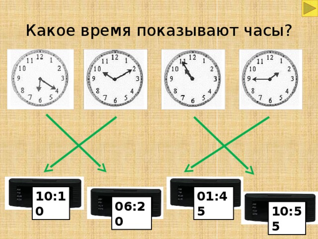 Какое время показывают часы? Актуализация знаний по теме прошлого урока 10:10 01:45 06:20 10:55