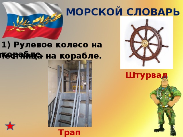 МОРСКОЙ СЛОВАРЬ 1) Рулевое колесо на корабле. 2) Лестница на корабле. Штурвал Трап