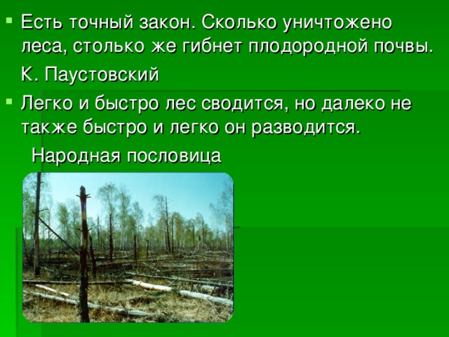 Есть точный закон. Сколько уничтожено леса, столько же гибнет плодородной почвы.       К. Паустовский Легко и быстро лес сводится, но далеко не также быстро и легко он разводится.