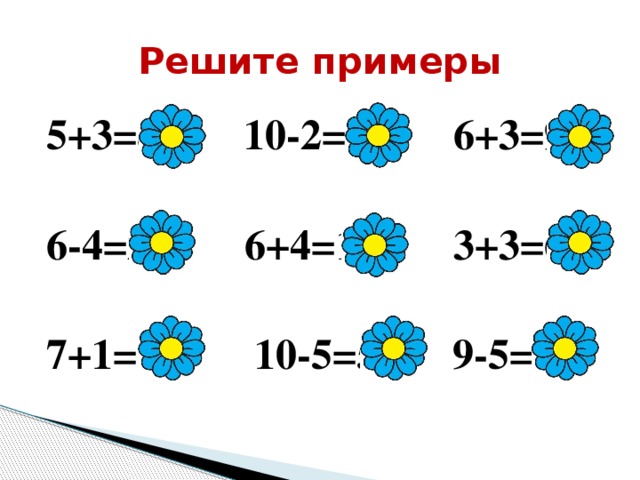 Решите примеры 5+3=8 10-2=8 6+3=9  6-4=2 6+4=10 3+3=6  7+1=8 10-5=5 9-5=4