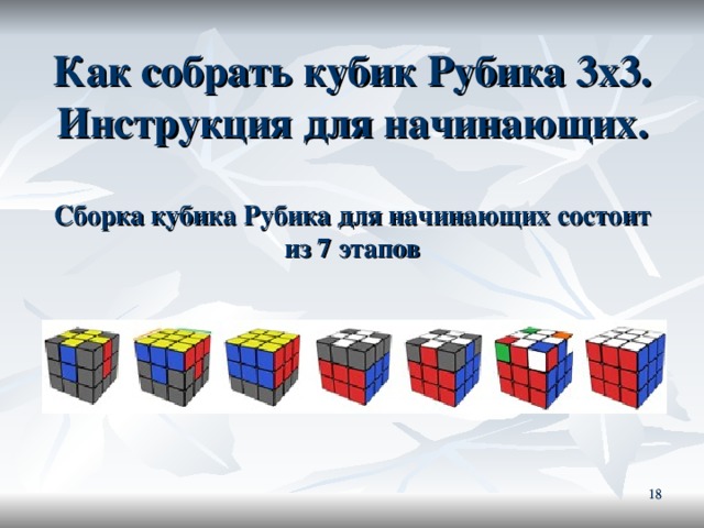Как собрать кубик Рубика 3х3. Инструкция для начинающих.   Сборка кубика Рубика для начинающих состоит из 7 этапов