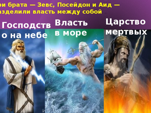 Три брата — Зевс, Посейдон и Аид —  разделили власть между собой Царство мертвых Власть в море Господство на небе