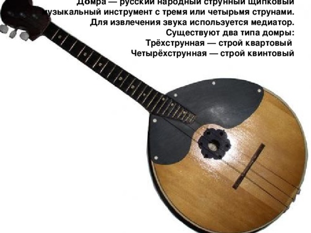 До́мра — русский  народный струнный щипковый музыкальный инструмент с тремя или четырьмя струнами. Для извлечения звука используется медиатор. Существуют два типа домры: Трёхструнная — строй квартовый Четырёхструнная — строй квинтовый