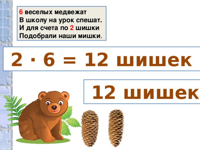 6 веселых медвежат В школу на урок спешат. И для счета по 2 шишки Подобрали наши мишки .  2 · 6 = 12 шишек  12 шишек