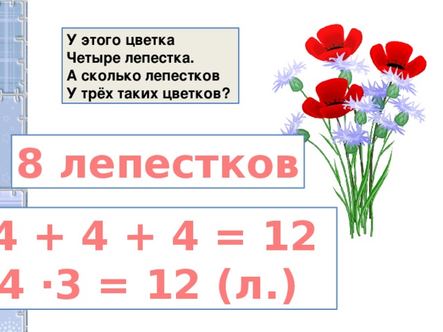У этого цветка Четыре лепестка. А сколько лепестков У трёх таких цветков? 8 лепестков  4 + 4 + 4 = 12 4 ·3 = 12 (л.)