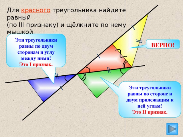 Для красного треугольника найдите равный (по III признаку) и щёлкните по нему мышкой. Эти треугольники равны по двум сторонам и углу между ними! Это I признак. ВЕРНО! Эти треугольники равны по стороне и двум прилежащим к ней углам! Это II признак.
