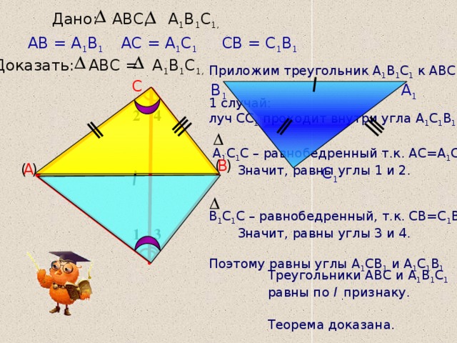 Дано: АВС, А 1 В 1 С 1,  СВ = С 1 В 1 АС = А 1 С 1 АВ = А 1 В 1 Доказать: АВС = А 1 В 1 С 1,  Приложим треугольник А 1 В 1 С 1 к АВС. 1 случай: луч СС 1 проходит внутри угла А 1 С 1 В 1 .  А 1 С 1 С – равнобедренный т.к. АС=А 1 С 1.  Значит, равны углы 1 и 2. В 1 С 1 С – равнобедренный, т.к. СВ=С 1 В 1.  Значит, равны углы 3 и 4. Поэтому равны углы А 1 СВ 1 и А 1 С 1 В 1 С В 1 А 1 2 4 В ( ) ( ) А С 1 3 1 Треугольники АВС и  А 1 В 1 С 1 равны по I  . признаку. Теорема доказана.