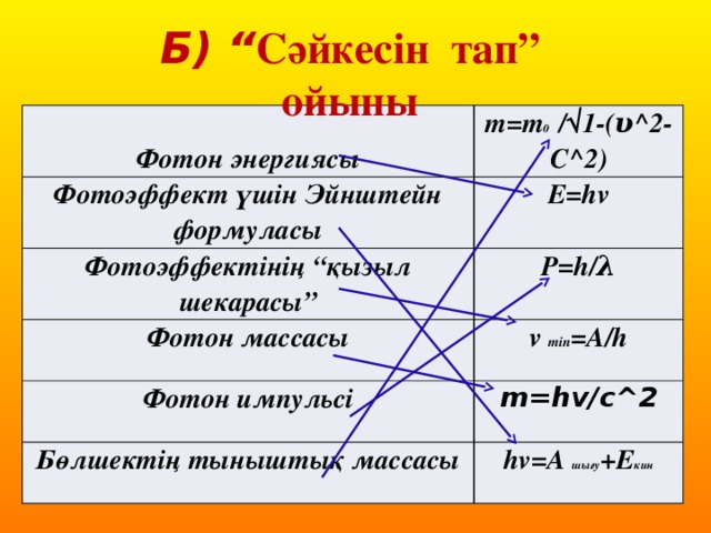 Б) “ Сәйкесін тап” ойыны  Фотон энергиясы Фотоэффект үшін Эйнштейн формуласы m=m 0 /√1-(υ^2-C^2) E=hv Фотоэффектінің “қызыл шекарасы” P=h/λ Фотон массасы v min =A/h Фотон импульсі Бөлшектің тыныштық массасы m=hv/c^2 hv=A шығу +E кин