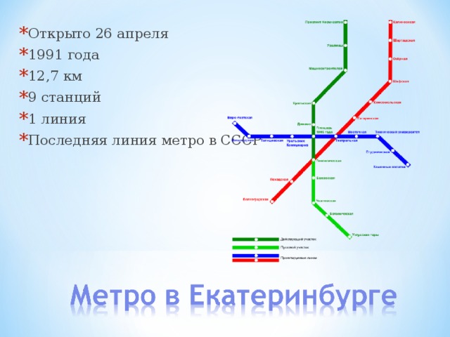 Открыто 26 апреля 1991 года 12,7 км 9 станций 1 линия Последняя линия метро в СССР