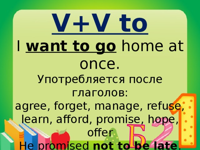 V+V to I want to go home at once. Употребляется после глаголов: agree, forget, manage, refuse, learn, afford, promise, hope, offer He promised not to be late .