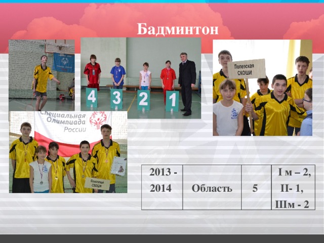 Бадминтон  2013 - 2014   Область  5  I м – 2, II - 1, III м - 2