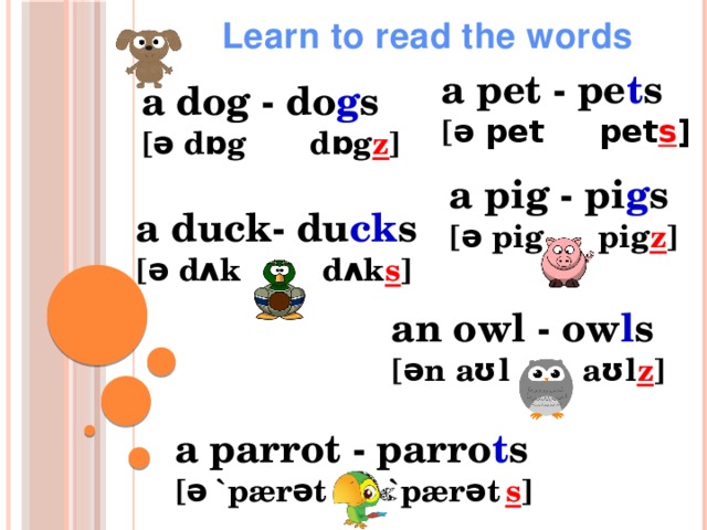 Learn to read the words a pet - pe t s [ ə pet pet s ] a dog - do g s [ ə dɒg dɒg z ] a pig - pi g s [ ə pig pig z ] a duck- du ck s [ ə dʌk dʌk s ] an owl - ow l s [ ən aʊl aʊl z ] Белый квадратик служит для обозначения имени существительного a parrot - parro t s [ ə `pærət `pærət  s ]