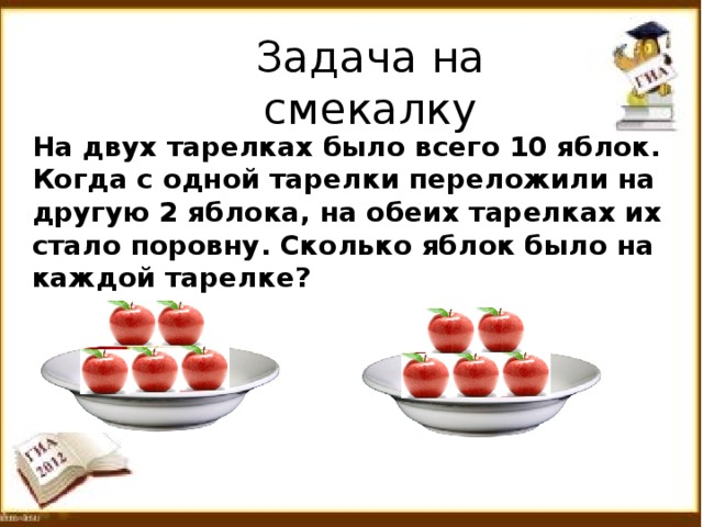 Задача на смекалку На двух тарелках было всего 10 яблок. Когда с одной тарелки переложили на другую 2 яблока, на обеих тарелках их стало поровну. Сколько яблок было на каждой тарелке?