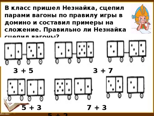 В класс пришел Незнайка, сцепил парами вагоны по правилу игры в домино и составил примеры на сложение.  Правильно ли Незнайка сцепил вагоны? 3 + 5 3 + 7 2 + 5 5 + 3 7 + 3 5 + 2