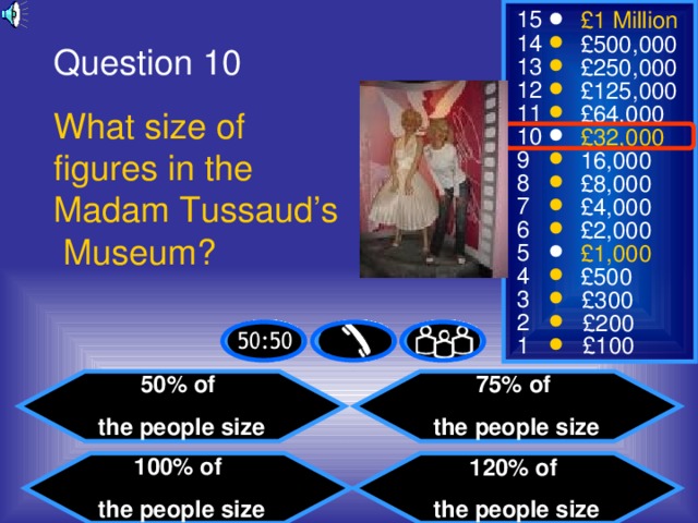 Question 10 What size of figures in the Madam Tussaud’s Museum? 50% of the people size 75% of the people size 120% of the people size 100% of the people size