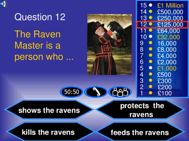 Question 12 The Raven Master is a person who ...  protects the ravens shows the ravens kills the ravens feeds the ravens