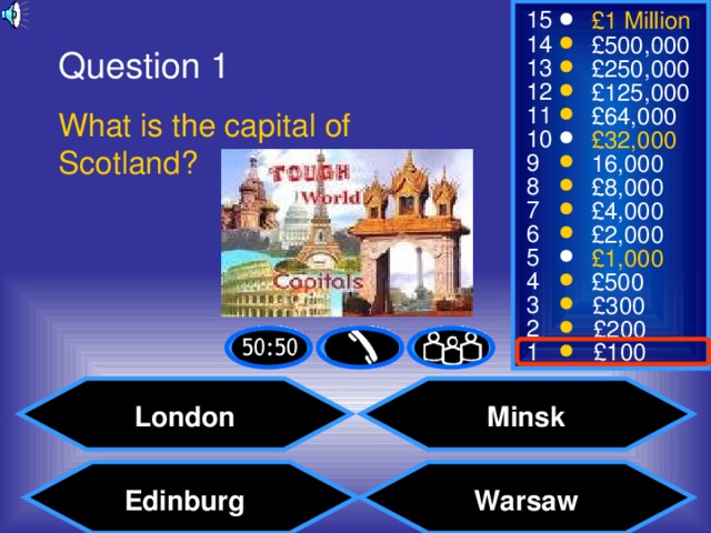 Question 1 What is the capital of Scotland? London Minsk Warsaw Edinburg