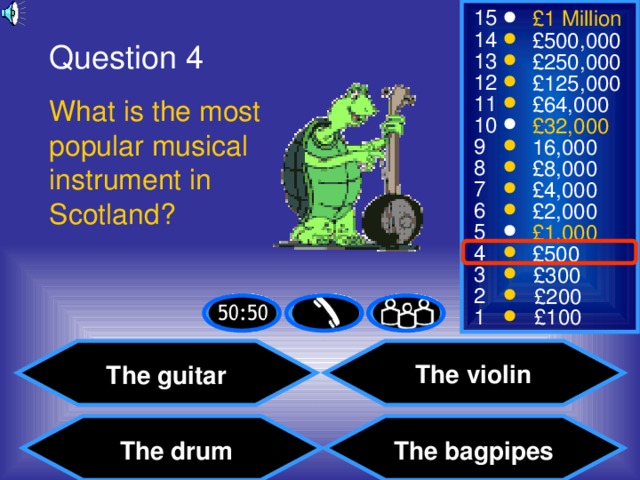Question 4 What is the most popular musical instrument in Scotland? The violin The guitar The bagpipes The drum