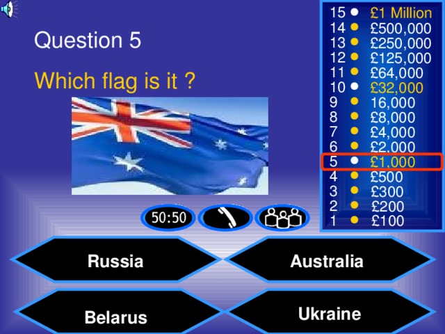Question 5 Which flag is it ? Russia Australia Ukraine Belarus