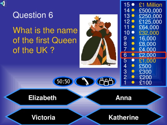 Question 6 What is the name of the first Queen of the UK ? Elizabeth Anna Katherine Victoria
