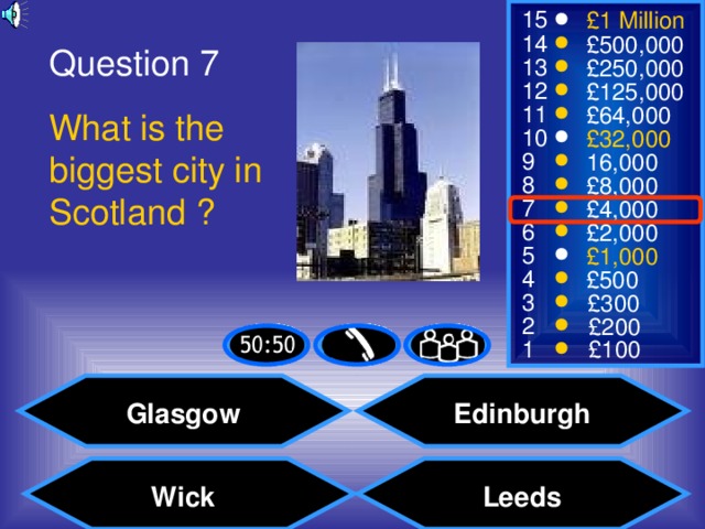 Question 7 What is the biggest city in Scotland ? Glasgow Edinburgh Leeds Wick