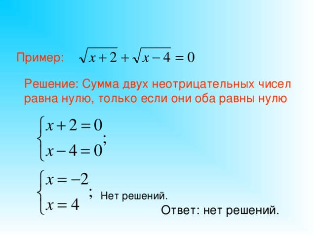 Пример: Решение: Сумма двух неотрицательных чисел равна нулю, только если они оба равны нулю Нет решений. Ответ: нет решений.