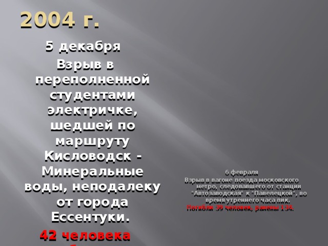 2004 г.   5 декабря 6 февраля Взрыв в переполненной студентами электричке, шедшей по маршруту Кисловодск - Минеральные воды, неподалеку от города Ессентуки. Взрыв в вагоне поезда московского метро, следовавшего от станции 