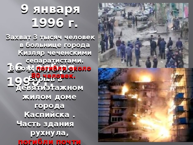 9 января 1996 г.  Захват 3 тысяч человек в больнице города Кизляр чеченскими сепаратистами. В боях погибли около 80 человек.  16 ноября 1996 г. Взрыв в девятиэтажном жилом доме города Каспийска . Часть здания рухнула, погибли почти 70 человек.