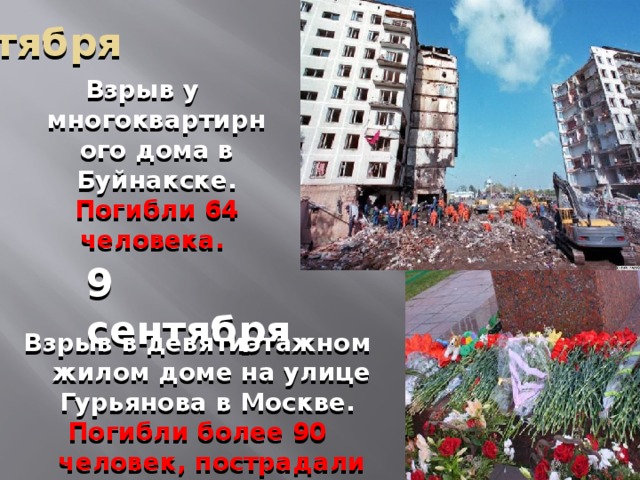 4 сентября Взрыв у многоквартирного дома в Буйнакске. Погибли 64 человека. 9 сентября Взрыв в девятиэтажном жилом доме на улице Гурьянова в Москве. Погибли более 90 человек, пострадали более 260.