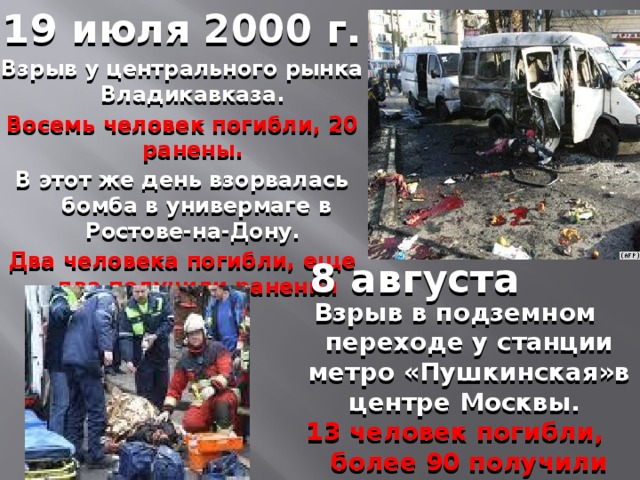 19 июля 2000 г. Взрыв у центрального рынка Владикавказа. Восемь человек погибли, 20 ранены.  В этот же день взорвалась бомба в универмаге в Ростове-на-Дону. Два человека погибли, еще два получили ранения 8 августа Взрыв в подземном переходе у станции метро «Пушкинская»в центре Москвы. 13 человек погибли, более 90 получили ранения.