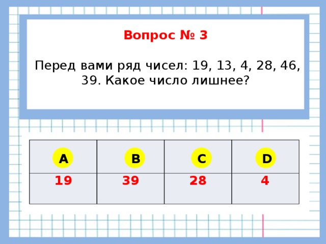 Вопрос № 3   Перед вами ряд чисел: 19, 13, 4, 28, 46, 39. Какое число лишнее?    19 39 28 4 A B C D