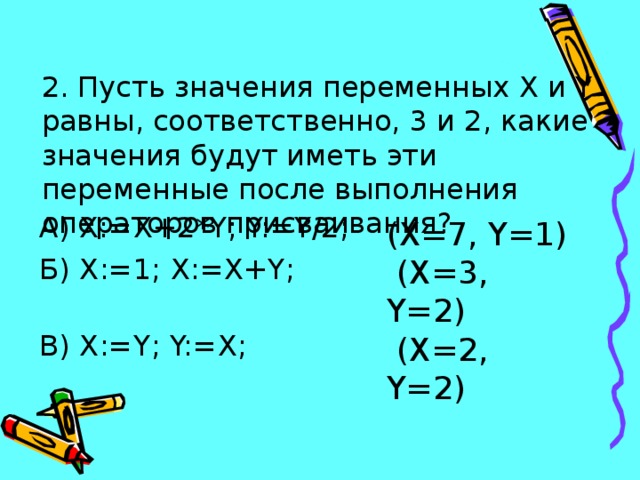 2 . Пусть значения переменных X и Y равны, соответственно, 3 и 2, какие значения будут иметь эти переменные после выполнения операторов присваивания?    А) X:=X+2*Y; Y:=Y/2;   Б) X:=1; X:=X+Y; В) X:=Y; Y:=X; (X=7, Y=1)  (X=3, Y=2)  (X=2, Y=2)