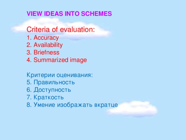 VIEW IDEAS INTO SCHEMES Criteria of evaluation: Accuracy Availability Briefness Summarized image Критерии оценивания: