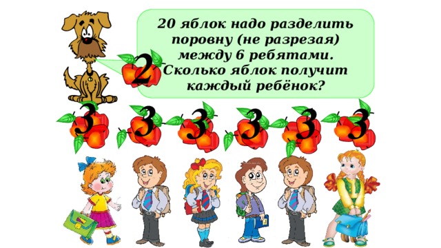 20 яблок надо разделить поровну (не разрезая) между 6 ребятами. Сколько яблок получит каждый ребёнок? 2 3 3 3 3 3 3 Каждый получит по 3 яблока, а ещё два яблока останется 5