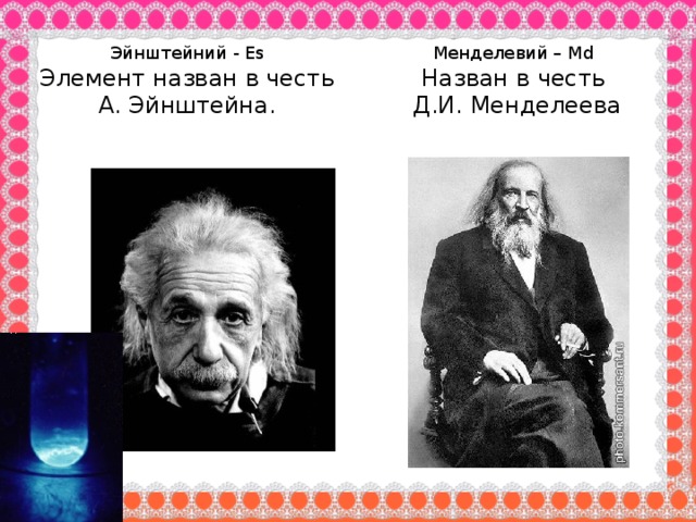 Эйнштейний - Es Менделевий – Md Элемент назван в честь А. Эйнштейна. Назван в честь  Д.И. Менделеева